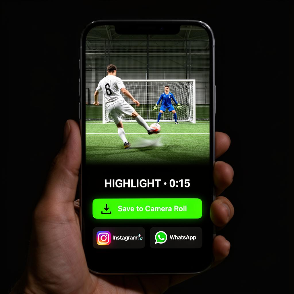 Hand holding a smartphone displaying the MatchReplay app with a futsal goal clip, download button and share to Instagram, TikTok and WhatsApp buttons visible