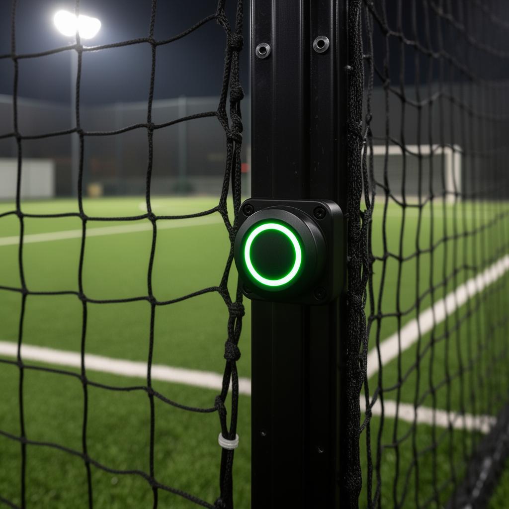 MatchReplay wireless smart button mounted on a black steel structural post of a futsal cage, behind black protective netting