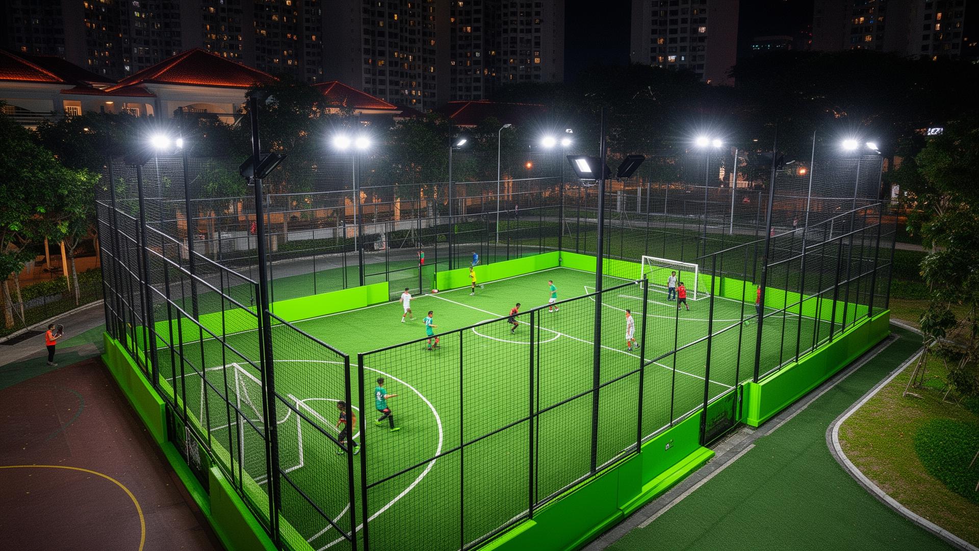Singapore-style covered 5-a-side futsal cage at night with floodlights, black perimeter netting and neon green synthetic turf