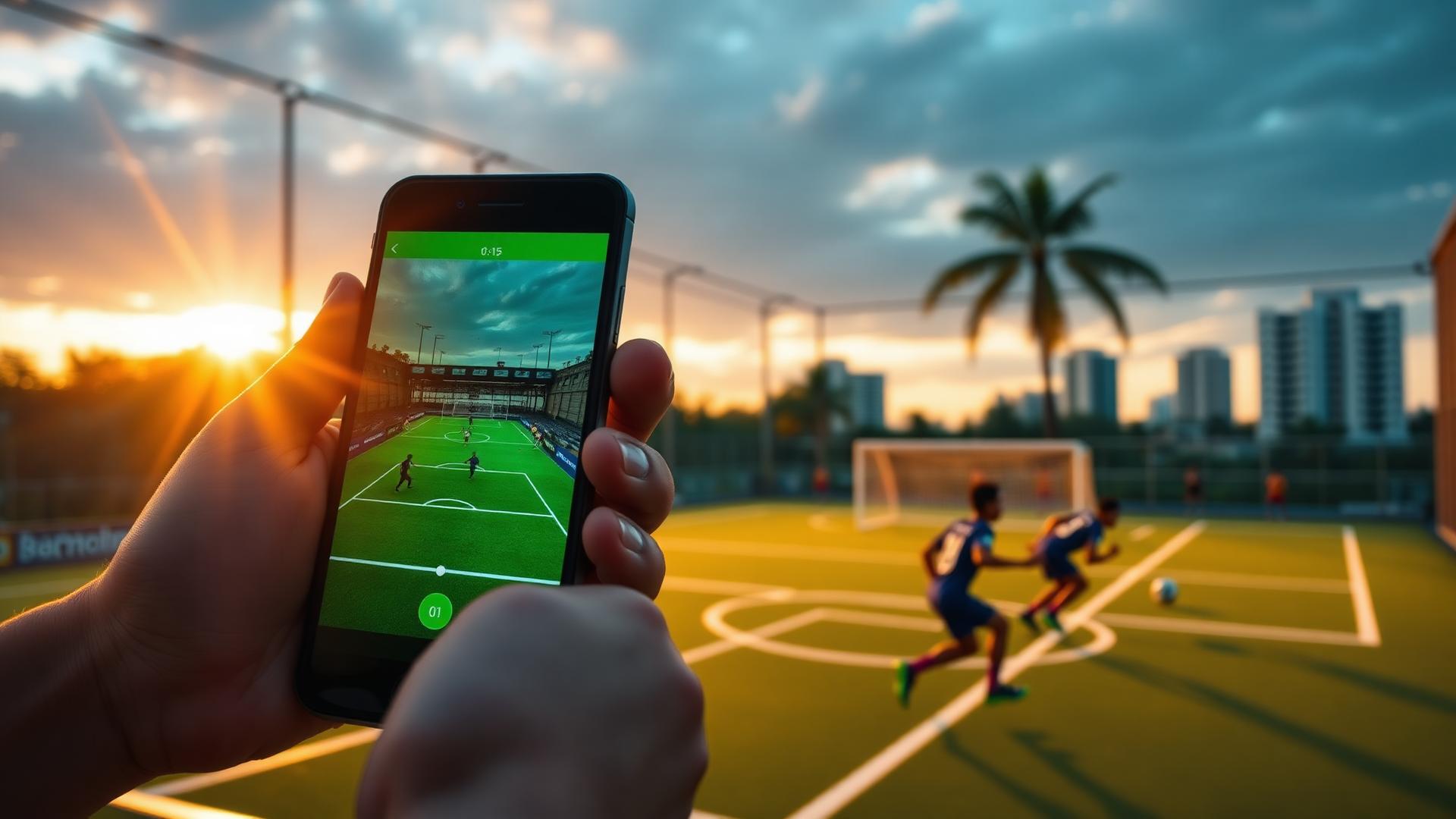 Hand holding smartphone with MatchReplay app during a futsal match