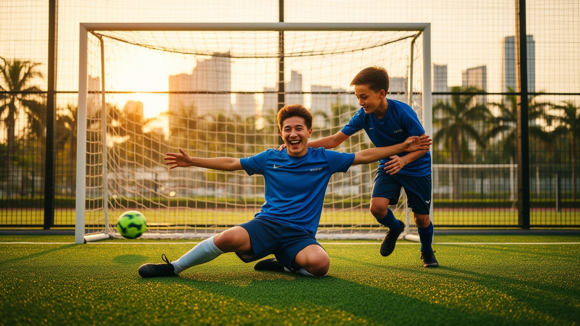 Amateur futsal players celebrating a goal under floodlights on a covered 5-a-side cage pitch