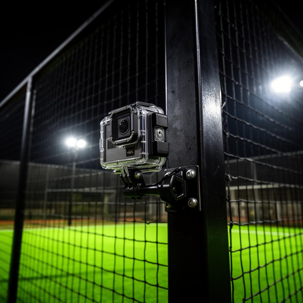 Rugged outdoor 4K camera mounted on a black metal pole at a covered futsal cage at night