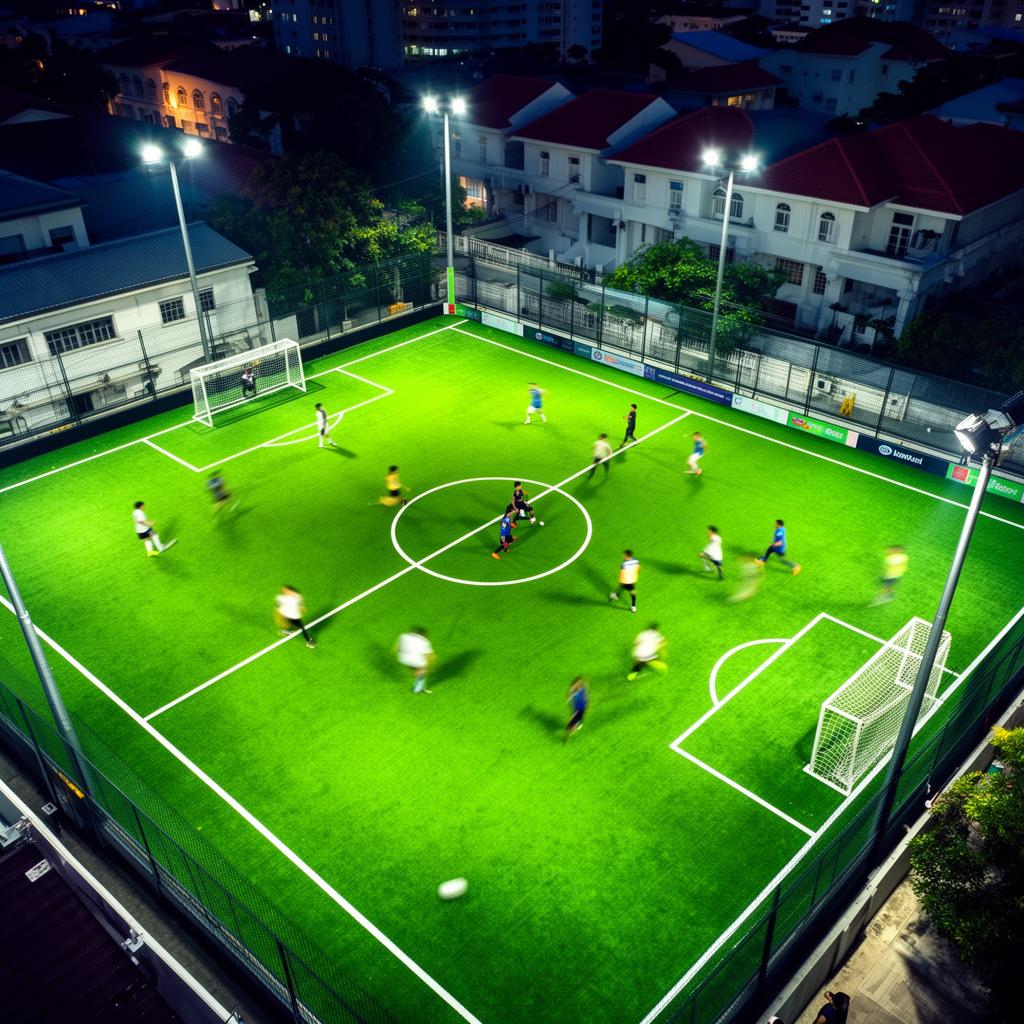 Aerial view of amateur 5-a-side football match at night