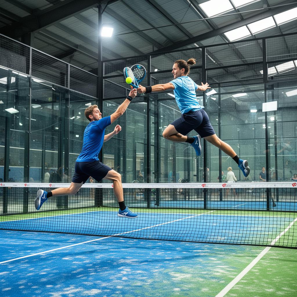 Padel match rally with athletes mid-action