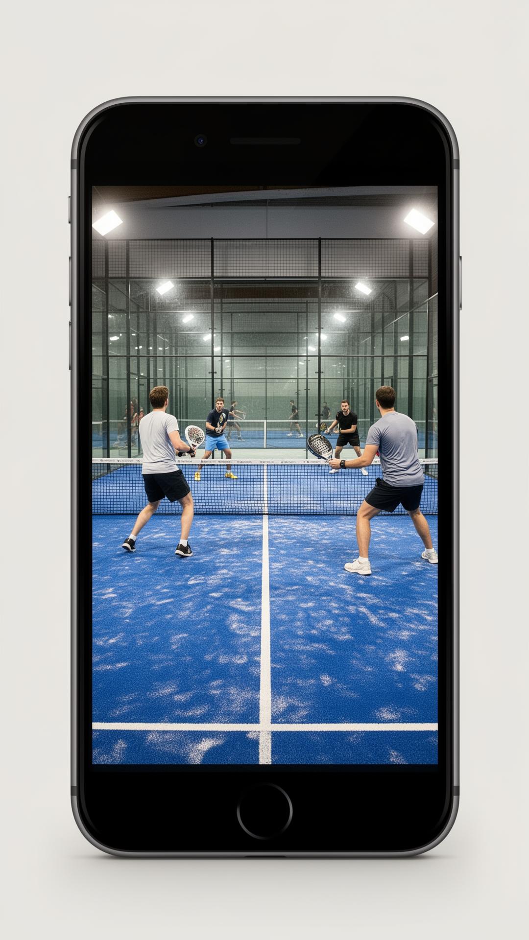 Casual padel doubles match viewed from behind the court on a glass-walled court with blue turf
