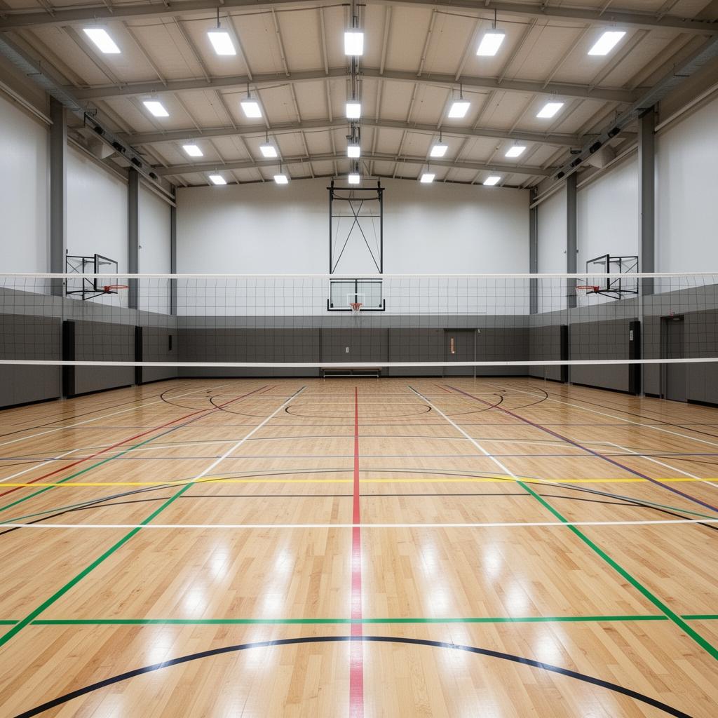Indoor multi-sport gymnasium with polished wooden floor showing overlapping basketball and volleyball court lines