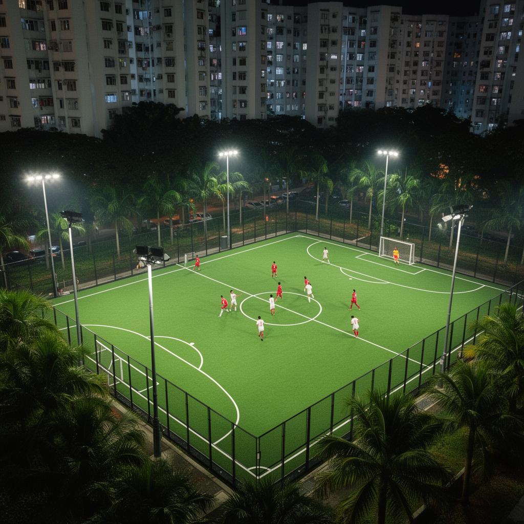 Dynamic 5-a-side futsal match inside a Singapore sheltered cage with floodlights and black perimeter netting