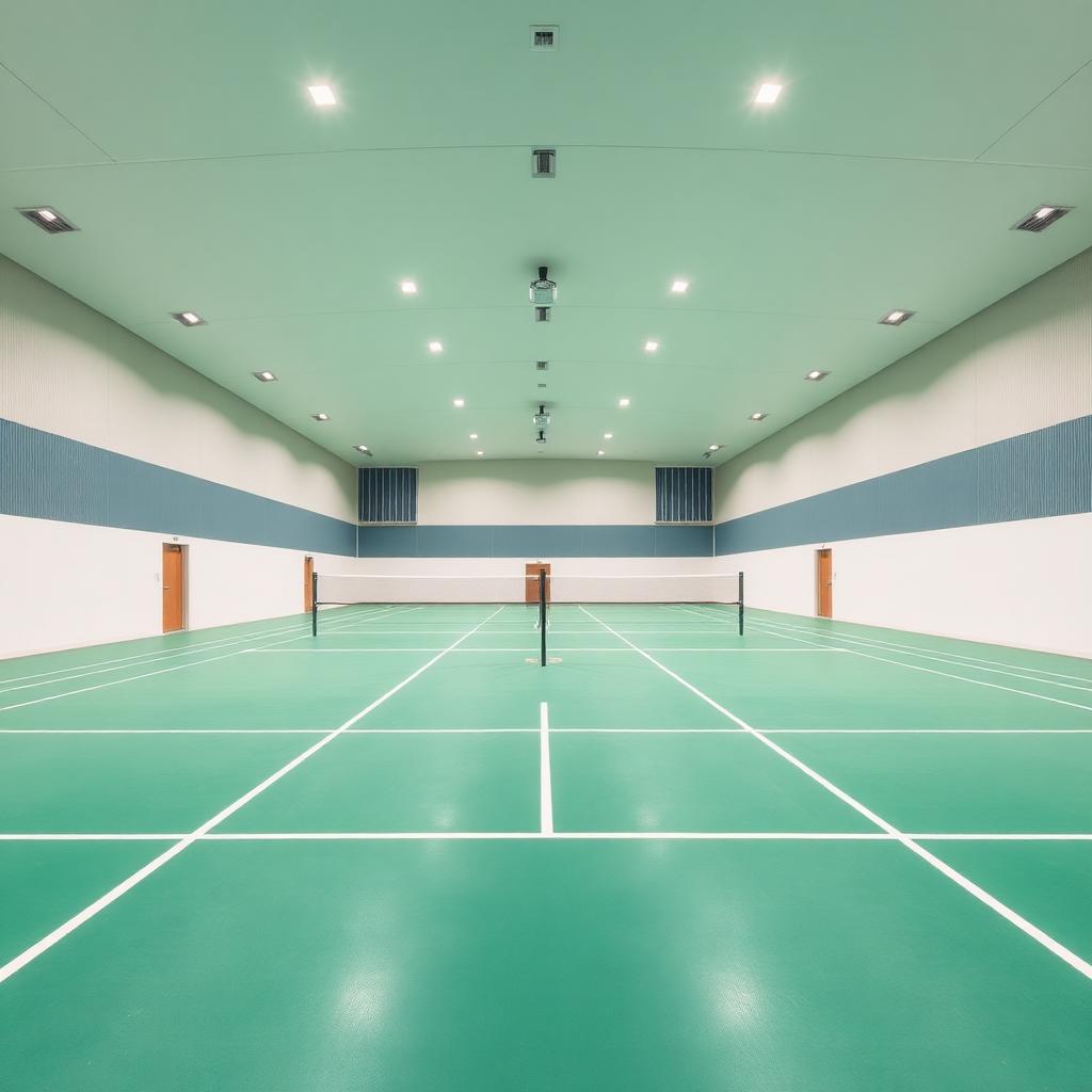 Symmetrical view of a high-end indoor multi-sport badminton hall with green flooring and diffused white lighting