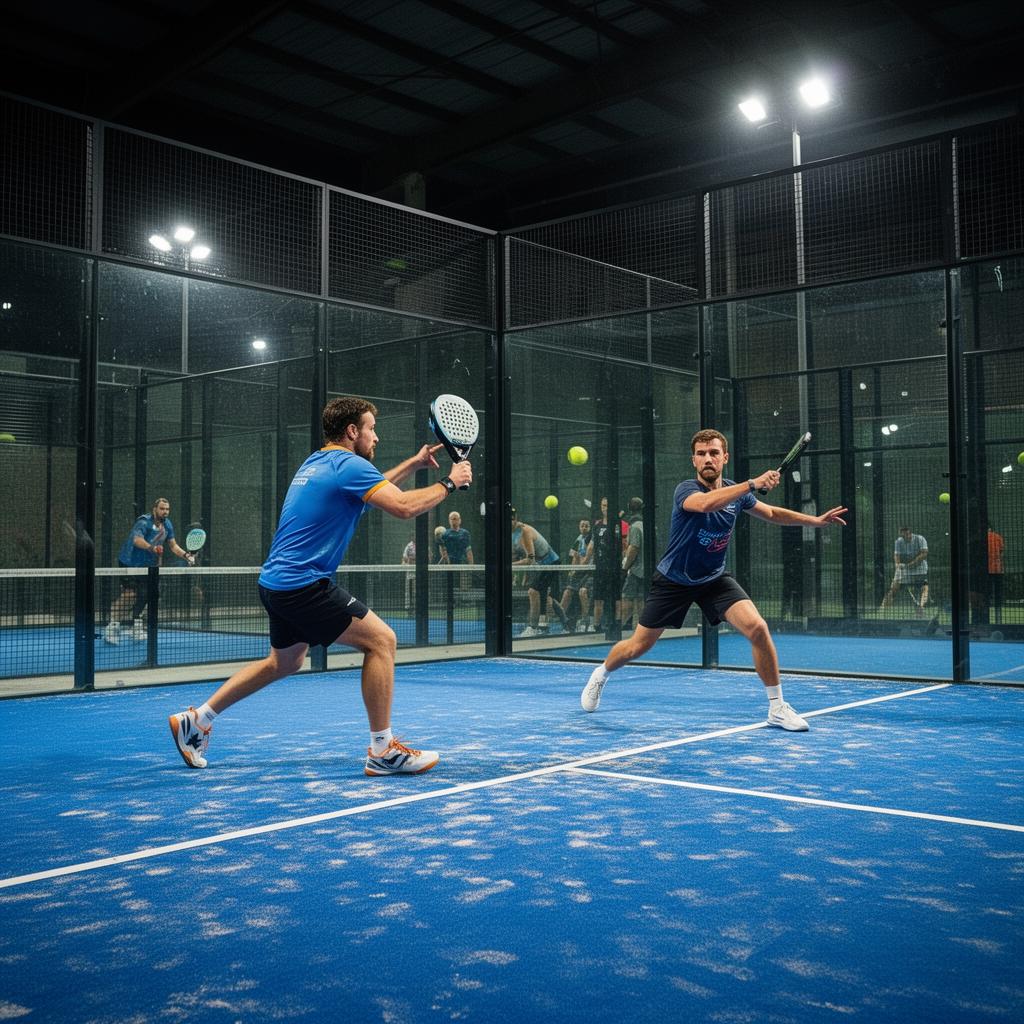 Close-up of a high-speed padel smash with the ball deforming on impact on a glass-walled court
