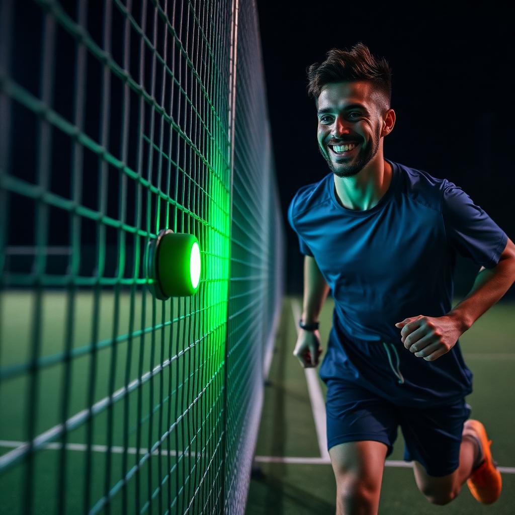 Player pressing the glowing green MatchReplay button on the cage fence