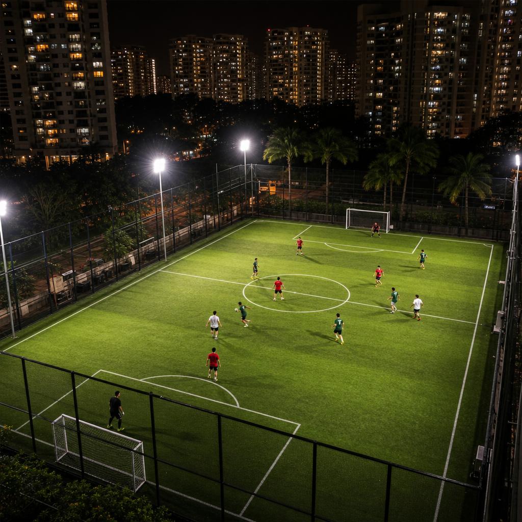 Amateur footballer striking the ball on a synthetic pitch under floodlights