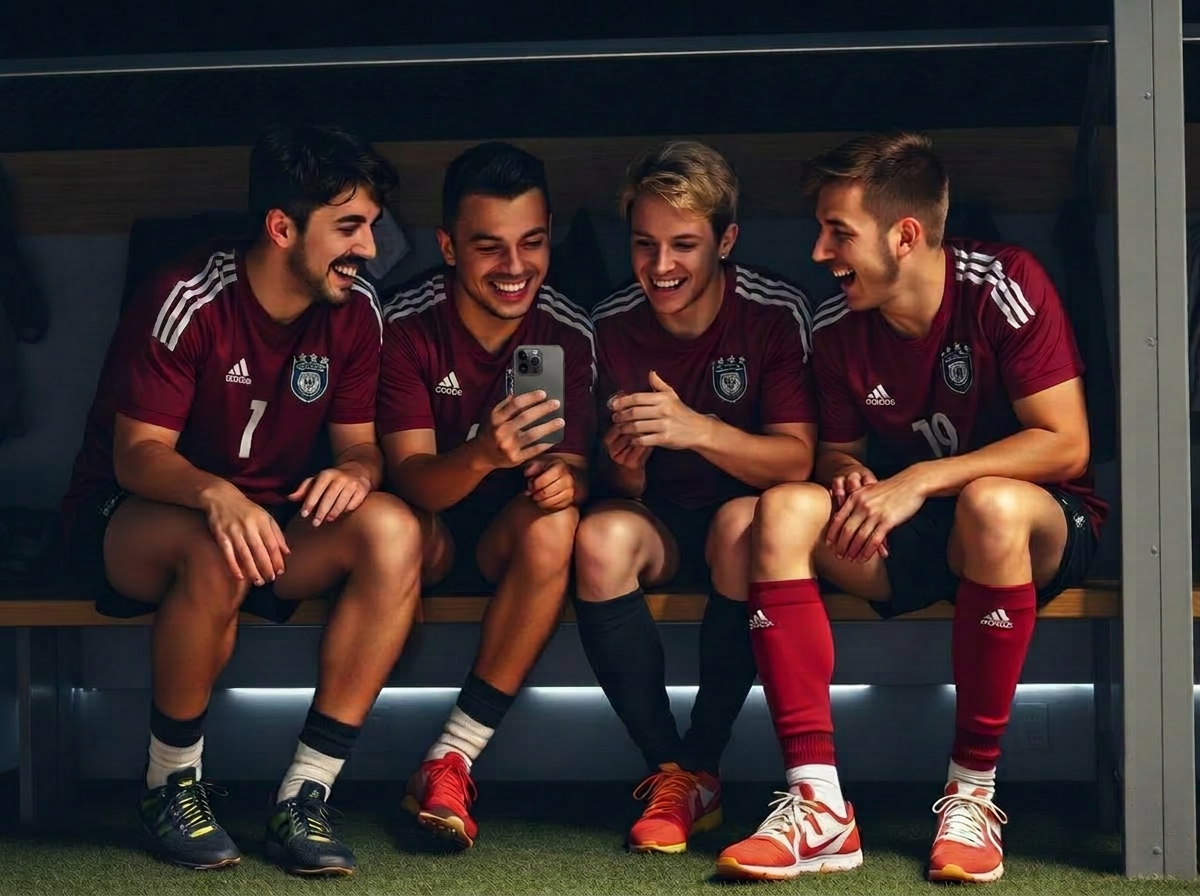 Group of football friends laughing while watching a match replay on a phone